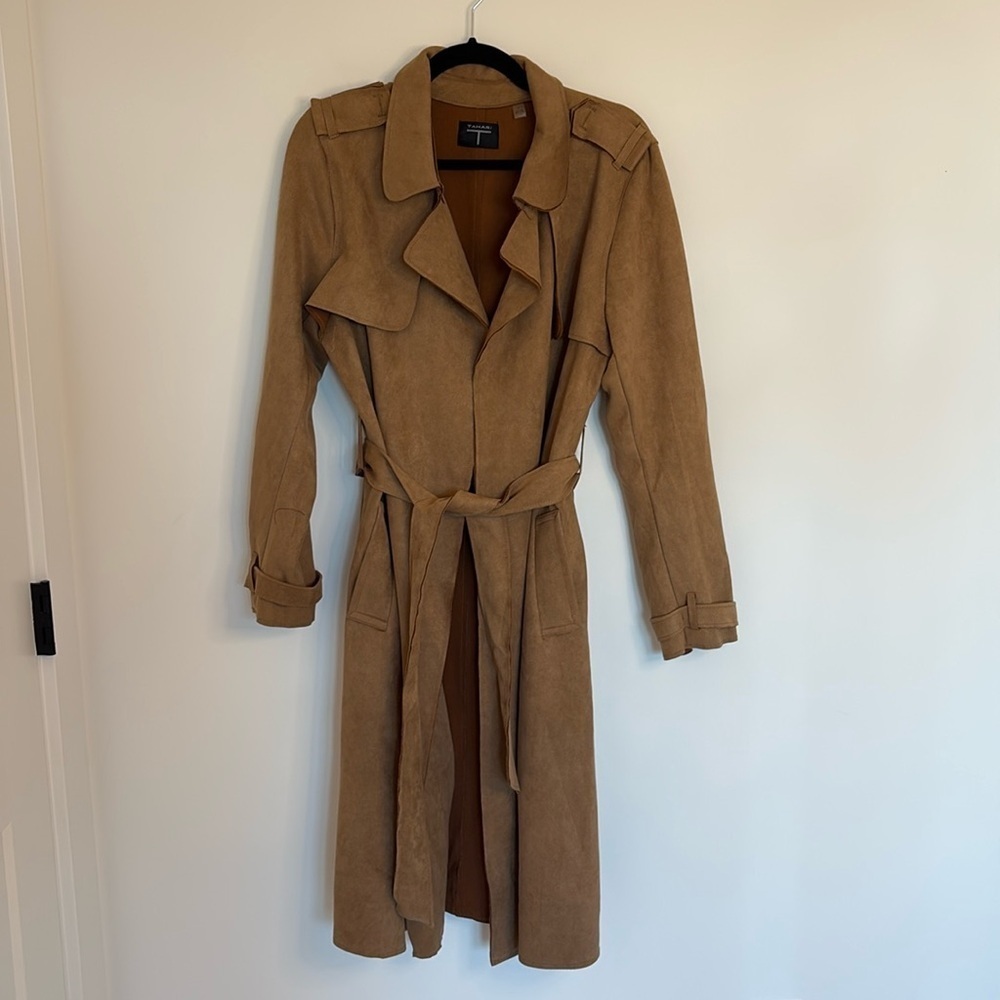 Tahari Faux Suede Open Belted Trench Coat